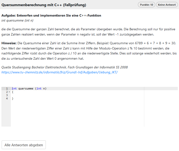 Beispiel Quersumme: Programmieraufgabe in der ONYX Prüfungssoftware