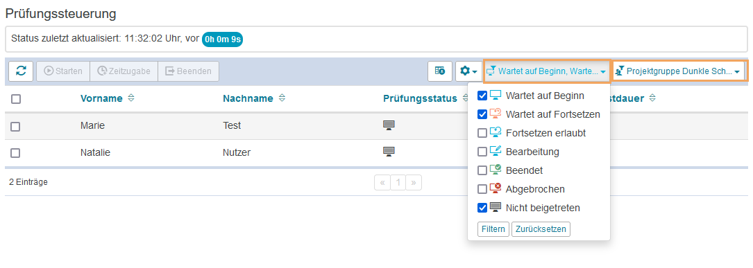 Screenshot der Prüfungssteuerung. Überblick über aktive Teilnehmende sowie deren Status in einer laufenden digitalen Abschlussprüfung.