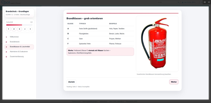 Beispiel für SCORM-Kurs in OPAL mit eigener Navigation und Fortschrittsanzeige