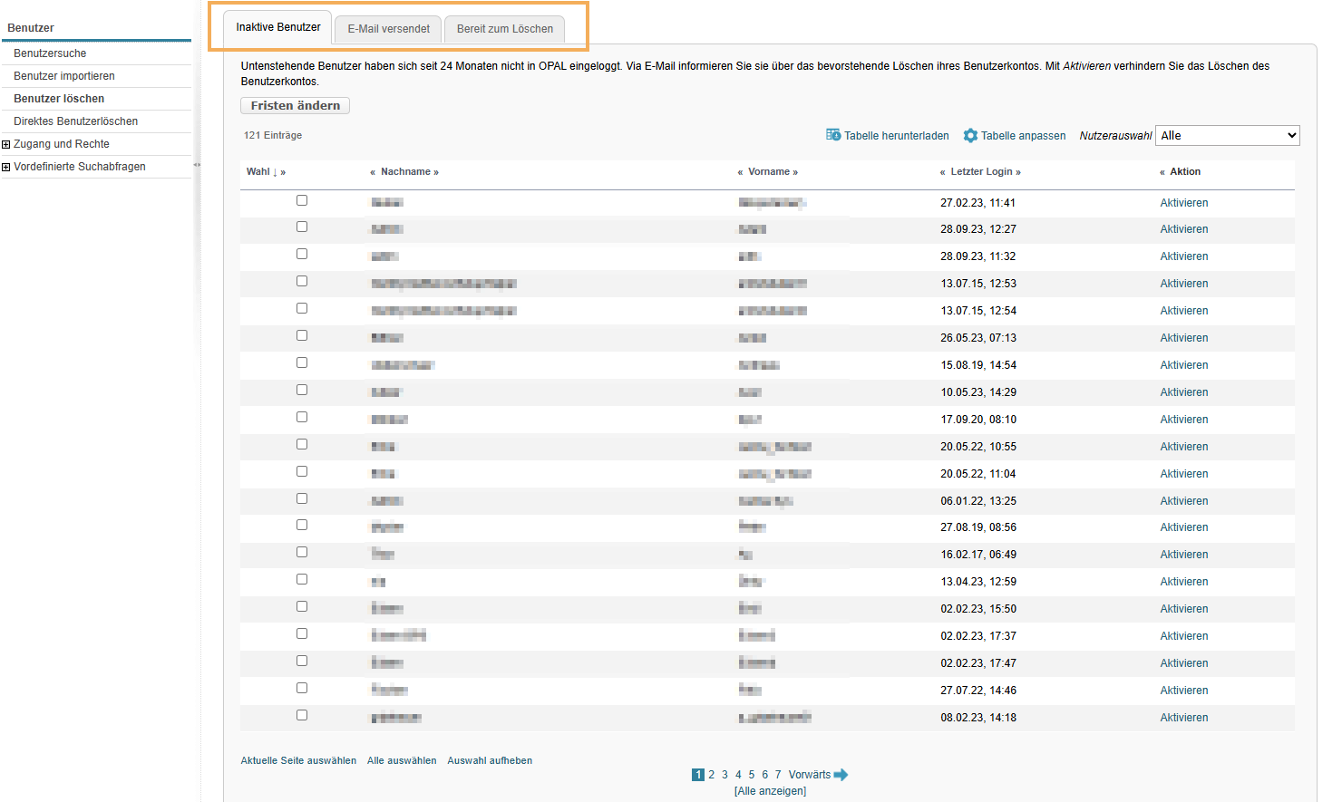 Überblick Benutzer löschen: Workflow Benutzeraccount löschen in der OPAL Lernplattform von BPS System